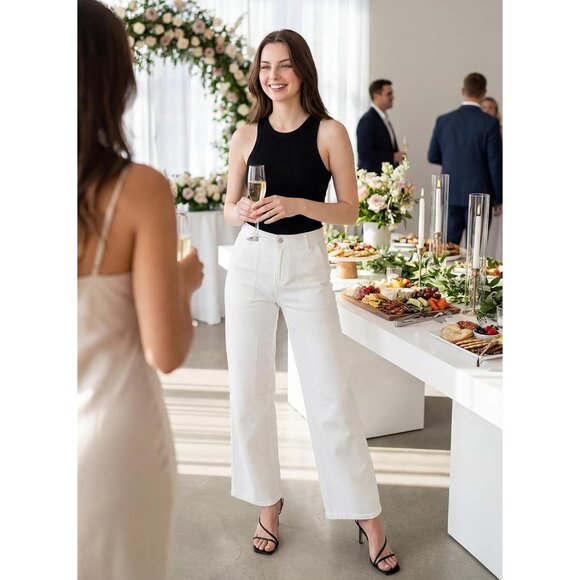 Women Four Leaf Clover Casual Mid Waist Stretch Button Wide Leg Denim Cargo Pant - Picture 5 of 6